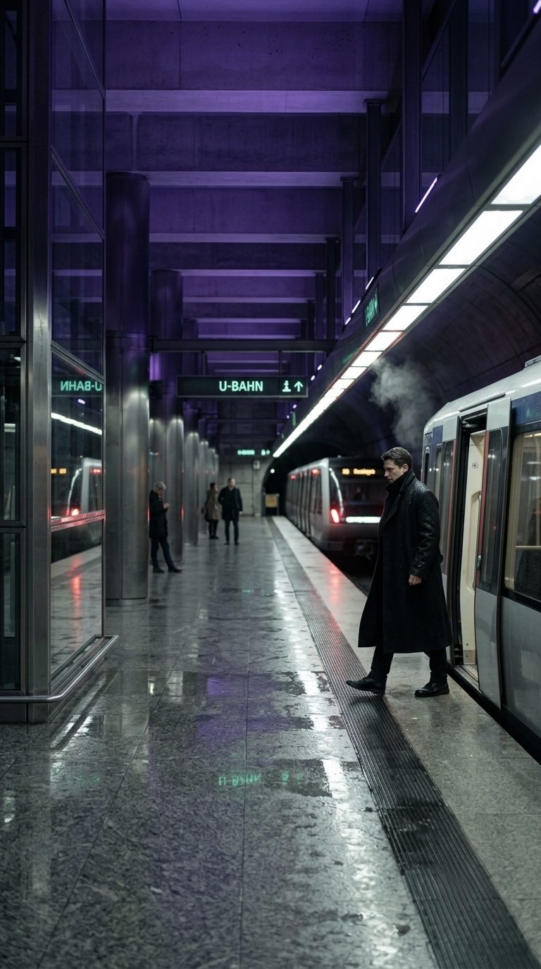 Violet-lit Stockholm transit architecture at night