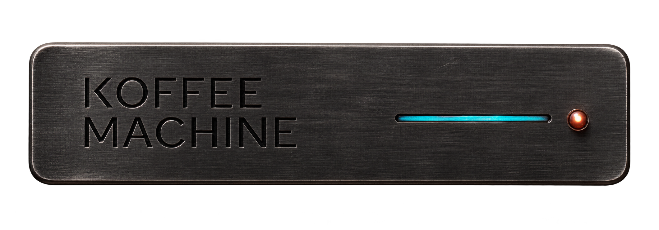 Dark brushed KOFFEE MACHINE Monolith Core with a cyan hairline and reddish-orange indicator